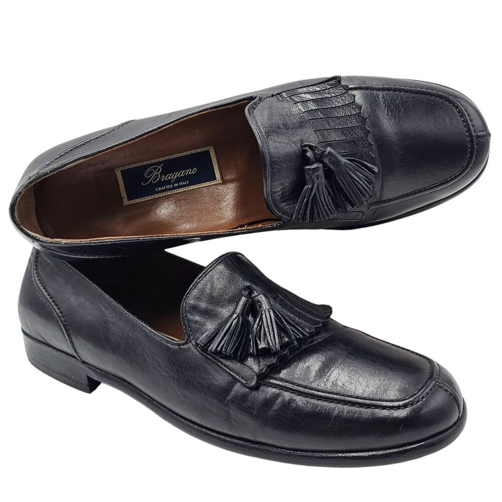 Vintage Bragano Italy Dress Shoes Men's 9.5M Black Leather Tassel Kiltie Loafers